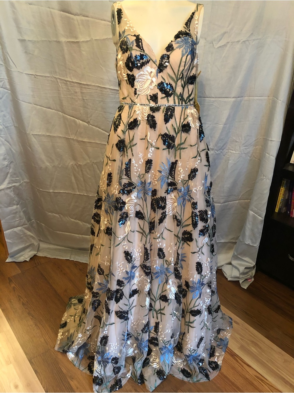 Embroidered Floral Sequin V-Neck Prom Gown in Nude and Blue